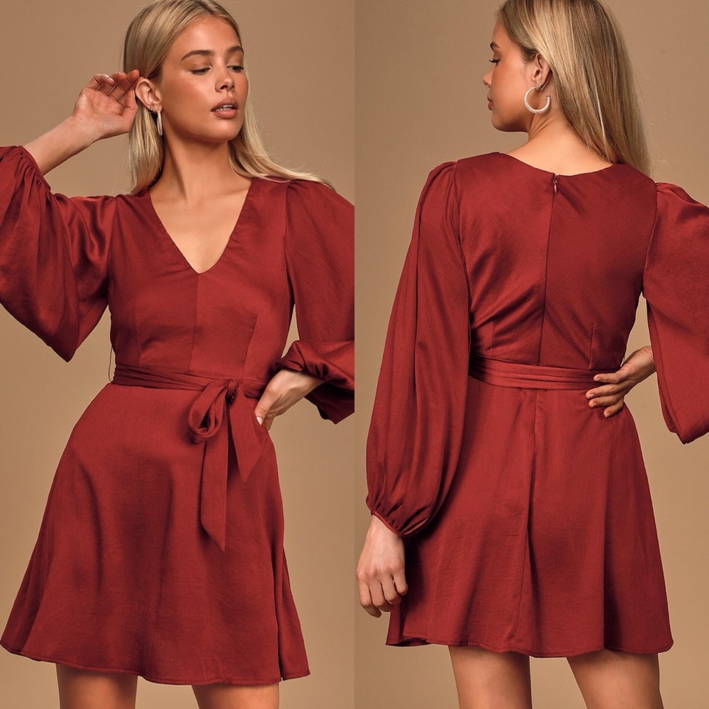 Lulus | Pull Me In Brick Red Balloon Sleeve Mini Dress
